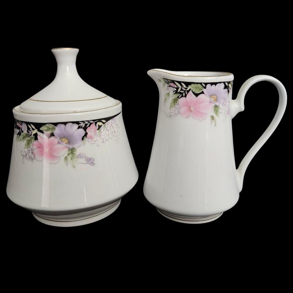Imperial's Universal Fine China Floral Creamer Covered Sugar Bowl Set Gold Trim